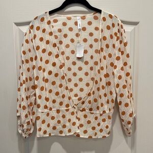 Mango Cream Wrap Blouse with Rust Polka Dots